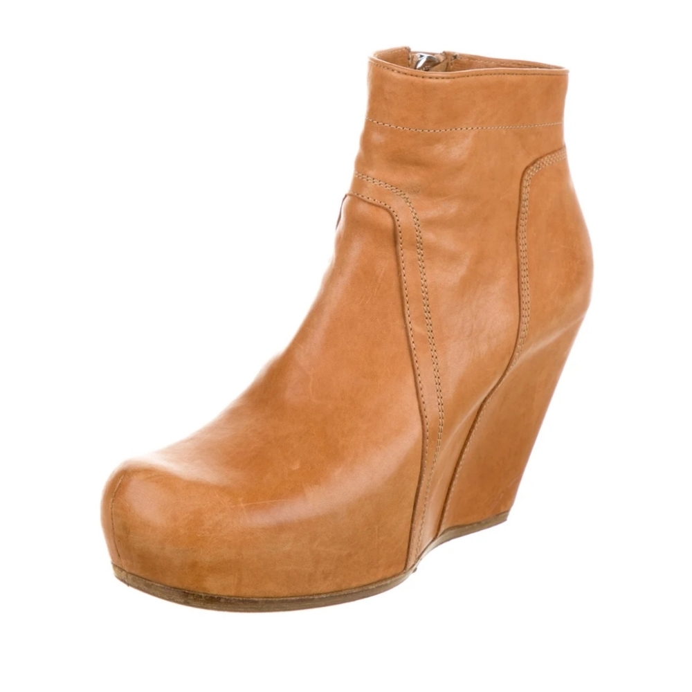 RICK OWENS Leather Tan Wedges Booties